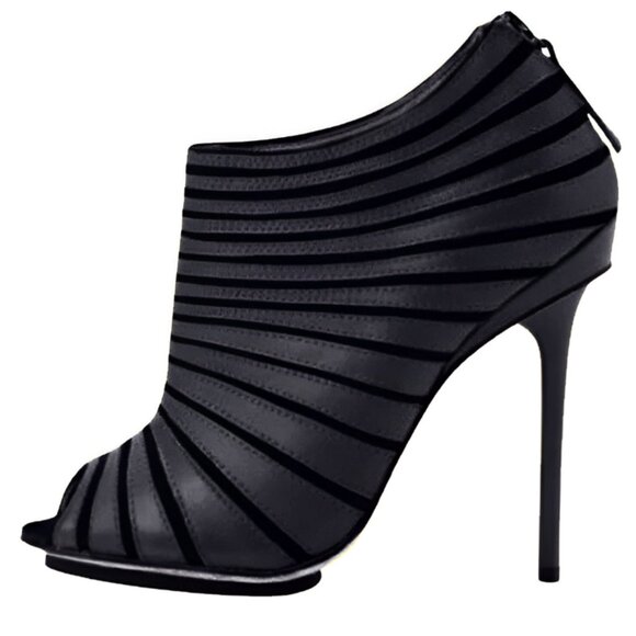 L.A.M.B. Shoes - L.A.M.B. Stefani Y2K Black Leather Stiletto Peep Open Toe Booties Boots Heel 8.5